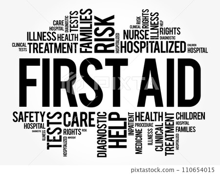 First Aid is the first and immediate assistance given to any person suffering from either a minor or serious illness or injury, word cloud concept with marker 110654015
