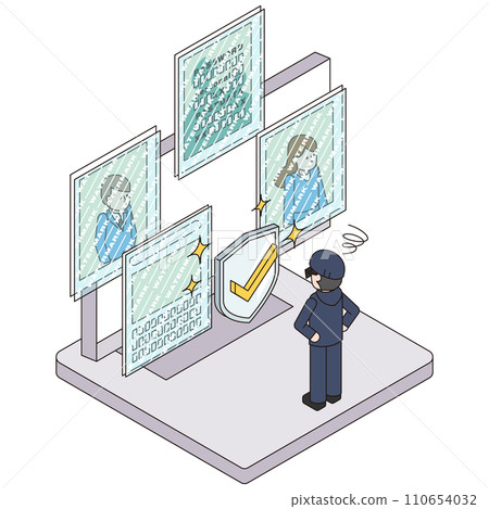 Isometric illustration of a criminal who is unable to steal information on a computer because a watermark is displayed 110654032