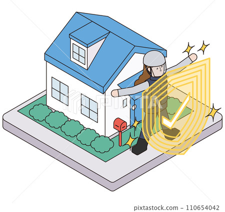 Isometric illustration of a female security guard protecting the safety of your home Isometric illustration of a female security guard protecting the safety of your home 110654042