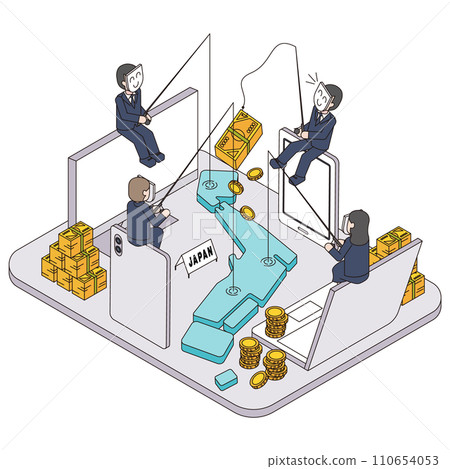 Isometric illustration of a criminal stealing money from abroad in Japan Isometric illustration of a criminal stealing money from abroad in Japan 110654053