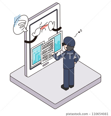 Isometric illustration of a criminal stealing smartphone information Isometric illustration of a criminal stealing smartphone information 110654081