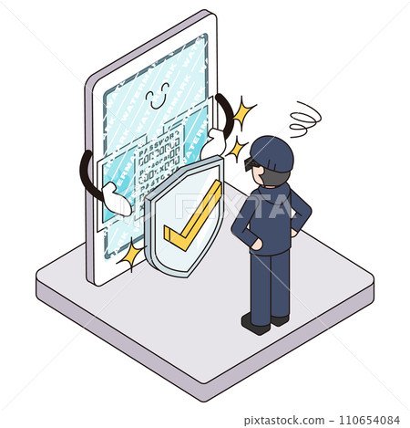 Isometric illustration of a criminal who is unable to steal smartphone information because a watermark is displayed 110654084