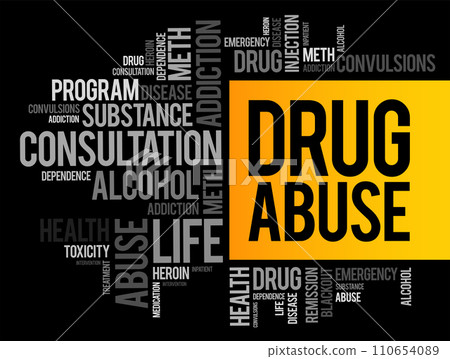 Drug Abuse - use of certain chemicals for the purpose of creating pleasurable effects on the brain, word cloud health concept background Drug Abuse - use of certain chemicals for the purpose of creating pleasurable effects on the brain, word cloud health concept background 110654089