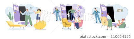 House for sale. Vector illustration The property with mortgage required buyer to maintain regular payments People looking for home attended open houses and viewed property listings Buying new home 110654135