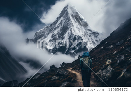 Climbing hiker on the trail to the high peaks mountain. Generative Ai. Climbing hiker on the trail to the high peaks mountain. Generative Ai. 110654172