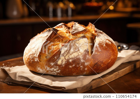 Artisan bread loaf with a crispy crust on a linen towel. Generative Ai. 110654174