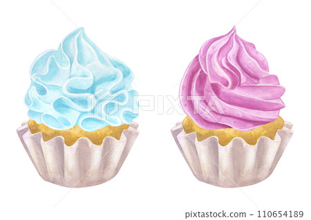 Cupcake muffin pink blue cream. Gender reveal party, baby shower. Sweet food clipart. Hand drawn watercolor illustration isolated on white background. For cafe menu pastry shop Cupcake muffin pink blue cream. Gender reveal party, baby shower. Sweet food clipart. Hand drawn watercolor illustration isolated on white background. For cafe menu pastry shop 110654189