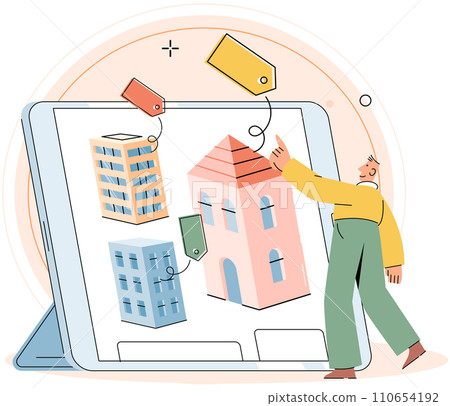 House for sale. Vector illustration People looking for home explored different neighborhoods and their amenities Buying new home required considering commute and proximity to essential services House for sale. Vector illustration People looking for home explored different neighborhoods and their amenities Buying new home required considering commute and proximity to essential services 110654192