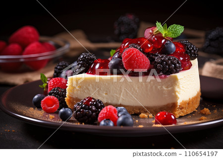 AI-generated content. New York cheesecake with fresh berries, strawberries, raspberries, mint is healthy organic dessert Generation AI AI-generated content. New York cheesecake with fresh berries, strawberries, raspberries, mint is healthy organic dessert Generation AI 110654197