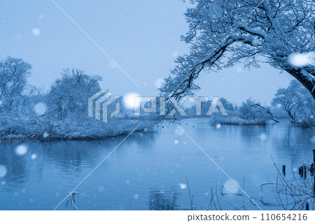 Photographing the mouth of Harie Ogawa River, Shinasahi-cho, Takashima City, Shiga Prefecture, covered with snow. Photographing the mouth of Harie Ogawa River, Shinasahi-cho, Takashima City, Shiga Prefecture, covered with snow. 110654216