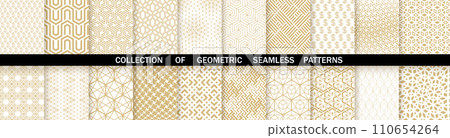 Geometric set of seamless gold and white patterns. Simple vector graphics Geometric set of seamless gold and white patterns. Simple vector graphics 110654264