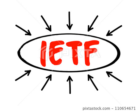 IETF Internet Engineering Task Force - open standards organization, which develops and promotes voluntary Internet standards, acronym text concept with arrows IETF Internet Engineering Task Force - open standards organization, which develops and promotes voluntary Internet standards, acronym text concept with arrows 110654671