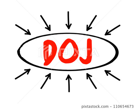 DOJ - Department of Justice acronym text with arrows, concept background DOJ - Department of Justice acronym text with arrows, concept background 110654673