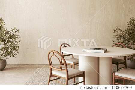 Minimalist dining room with white sculptural pendant light, round table, and wooden chairs near potted plants 110654769