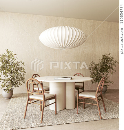 Modern dining room with white sculptural pendant light, round table, bentwood chairs, and abstract painting 110654784