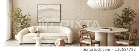 Panoramic view of a serene living room with beige curved sofa, marble table, and large abstract wall art 110654788