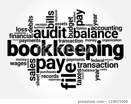 Bookkeeping is the recording of financial transactions, and is part of the process of accounting in business, word cloud concept background 110655006