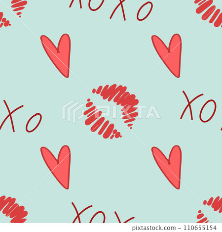 Love seamless pattern. Valentine Day Xo xo. vector hand drawn xoxo text and heart 110655154