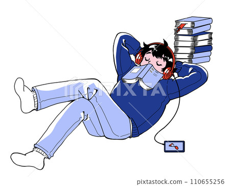 A boy falls asleep while reading while listening to music 110655256