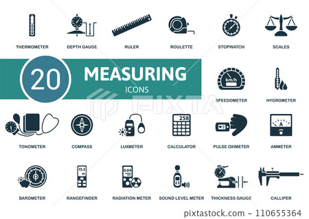 Measuring icons set. Creative icons: thermometer, depth gauge, ruler, roulette, stopwatch, scales, speedometer, hygrometer and more 110655364