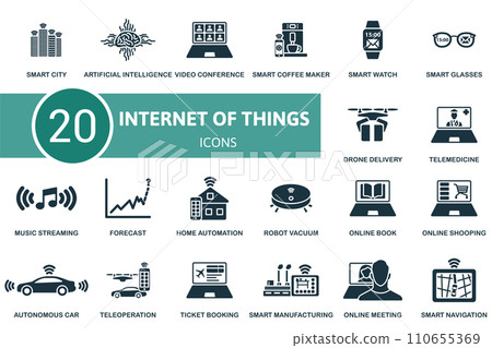 Internet of things icons set. Creative icons: smart city, artificial intelligence, video conference, smart coffee maker and more 110655369