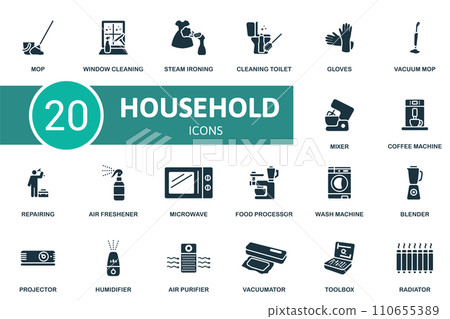 Household icons set. Creative icons: mop, window cleaning, steam ironing, cleaning toilet, gloves, vacuum mop, mixer, coffee machine and more Household icons set. Creative icons: mop, window cleaning, steam ironing, cleaning toilet, gloves, vacuum mop, mixer, coffee machine and more 110655389