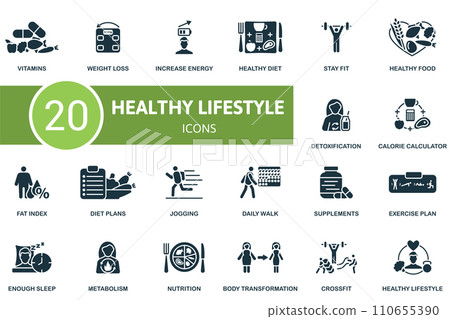 Healthy lifestyle icons set. Creative icons: vitamins, weight loss, increase energy, healthy diet, stay fit, healthy food and more Healthy lifestyle icons set. Creative icons: vitamins, weight loss, increase energy, healthy diet, stay fit, healthy food and more 110655390