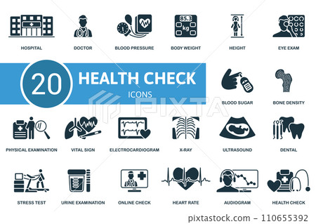 Health check icons set. Creative icons: hospital, doctor, blood pressure, body weight, height, eye exam, blood sugar, bone density and more Health check icons set. Creative icons: hospital, doctor, blood pressure, body weight, height, eye exam, blood sugar, bone density and more 110655392