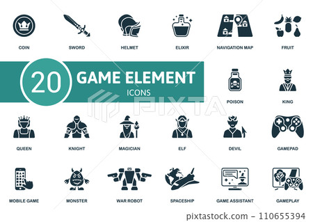 Game element icon set. Creative icons: coin, sword, helmet, elixir, navigation map, fruit, poison, king, queen and more Game element icon set. Creative icons: coin, sword, helmet, elixir, navigation map, fruit, poison, king, queen and more 110655394