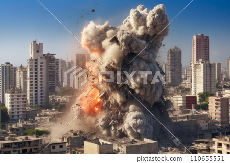Clouds of smoke, and rebar from building explosion in the city. Generative Ai. 110655551