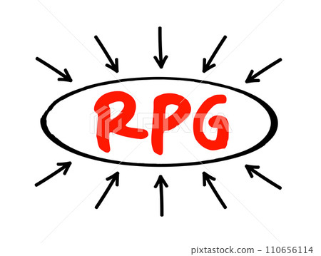 RPG - Role-Playing Game is a game in which players assume the roles of characters in a fictional setting, acronym text concept with arrows 110656114