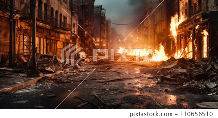 Burning street in destroyed city. Generative Ai. 110656510