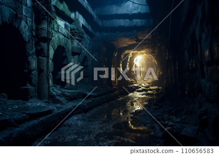A mysterious underground abandoned sewage tunnels. Generative Ai. 110656583