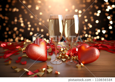 Hearts on festive Valentine's Day backdrop. Generative Ai. 110656584