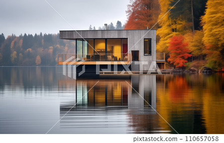 AI-generated content. Gray wooden house with panoramic windows against the background of forest AI-generated content. Gray wooden house with panoramic windows against the background of forest 110657058
