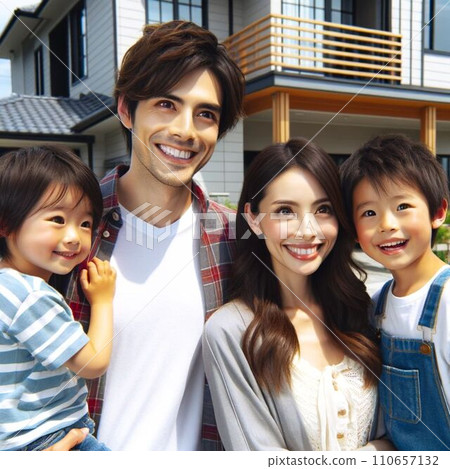 A picture of a smiling family of four people, a young couple and two children. 110657132