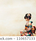 AI image of a young woman wearing a long-sleeved kimono. Designed to allow you to write on empty spaces similar to Japanese paper. 110657133