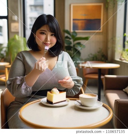 A scene in which an overweight woman gives up on dieting and eats cake. 110657135