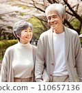 Created by AI, an elderly couple walking along a row of cherry blossom trees holding hands and smiling 110657136