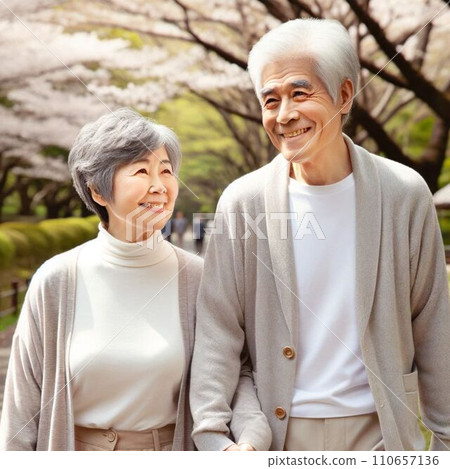 Created by AI, an elderly couple walking along a row of cherry blossom trees holding hands and smiling 110657136