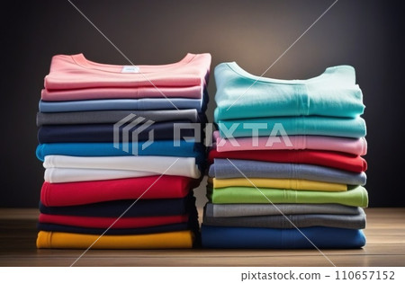 Stack of colorful clothes. Laundry and household. 110657152