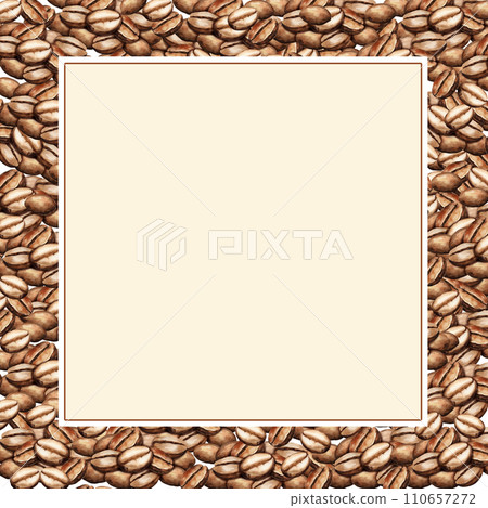 watercolor background with coffee beans with square beige background, frame with coffee theme, hand drawn illustration of brown Arabica, food sketch 110657272