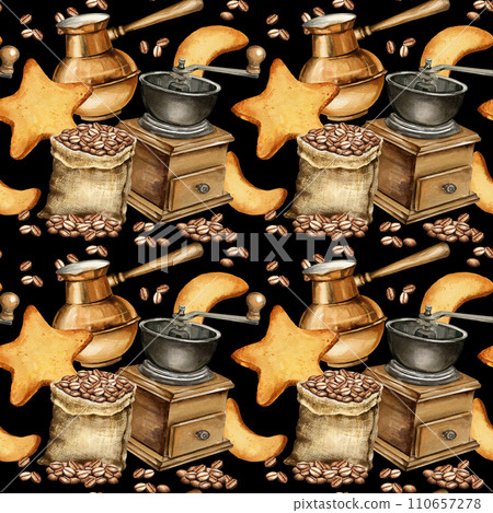 watercolor seamless pattern of coffee theme with gunny sack with coffee beans, coffee mull, cookies, turkish coffe pot, coffee beans, hand drawn illustration, pattern on black background watercolor seamless pattern of coffee theme with gunny sack with coffee beans, coffee mull, cookies, turkish coffe pot, coffee beans, hand drawn illustration, pattern on black background 110657278