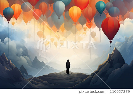 AI-generated content. lonely person stand in mystic foggy landscape with balloons illustration AI-generated content. lonely person stand in mystic foggy landscape with balloons illustration 110657279