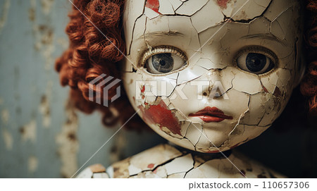 Cracked vintage doll, unsettling expression, worn paint. Generative Ai. Cracked vintage doll, unsettling expression, worn paint. Generative Ai. 110657306