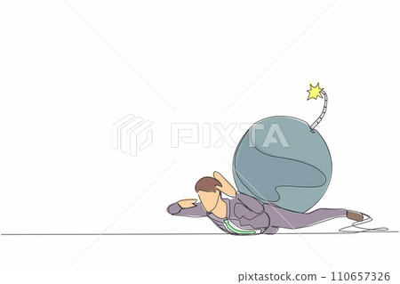 Single one line drawing depressed businessman under heavy bomb burden. Office employee stress due to debt explosion. Financial crisis problem. Continuous line draw design graphic vector illustration Single one line drawing depressed businessman under heavy bomb burden. Office employee stress due to debt explosion. Financial crisis problem. Continuous line draw design graphic vector illustration 110657326