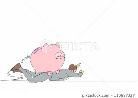 Single continuous line drawing of depressed businessman under heavy piggy bank burden. Broke and financial problems concept. Searching money in crisis. One line draw graphic design vector illustration Single continuous line drawing of depressed businessman under heavy piggy bank burden. Broke and financial problems concept. Searching money in crisis. One line draw graphic design vector illustration 110657327