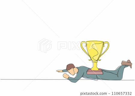 Continuous one line drawing depressed businessman under heavy trophy burden. Young male worker fail to achieve goals. Delayed career path at office. Single line draw design vector graphic illustration 110657332