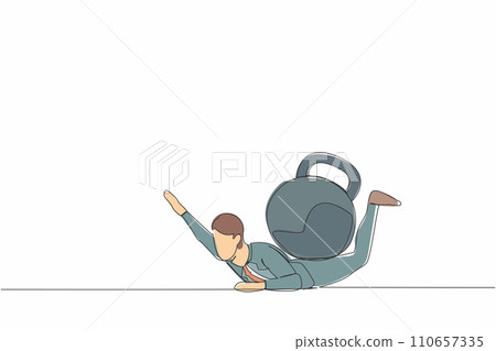 Continuous one line drawing depressed businessman under heavy kettlebell burden. Financial crisis and credit payment. Business, mental stress, bankruptcy, debt. Single line design vector illustration 110657335