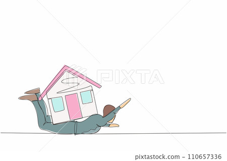 Single one line drawing depressed businessman under heavy house burden. Tired male struggle with financial payment, home expenses, bills and taxes. Continuous line design graphic vector illustration Single one line drawing depressed businessman under heavy house burden. Tired male struggle with financial payment, home expenses, bills and taxes. Continuous line design graphic vector illustration 110657336